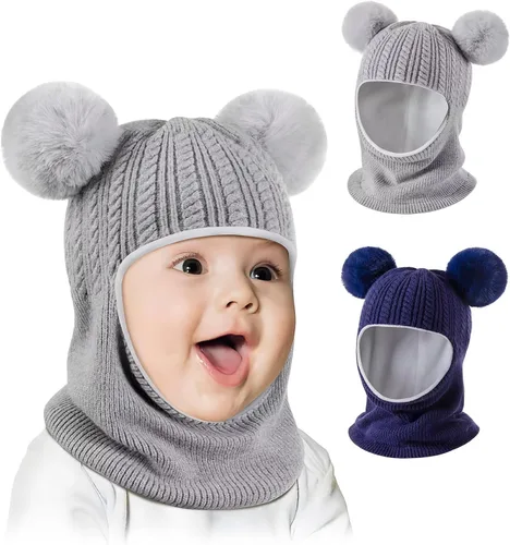 Vista 10 de Conjunto de 2 gorros de invierno para bebé, gorro para niño con calentador de cuello, gorro de punto cálido para clima frío Negro y gris