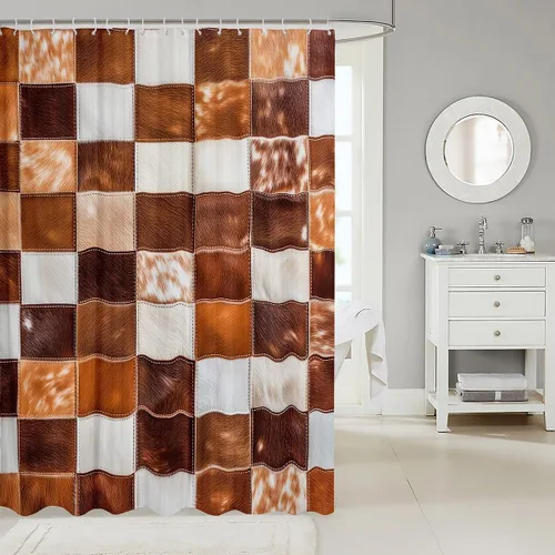 Vista 2 de Juego de cortinas de ducha de piel de vaca, estilo retazos, estampado de vaca, cortina de animales de granja, piel de ganado de toro de cuerno