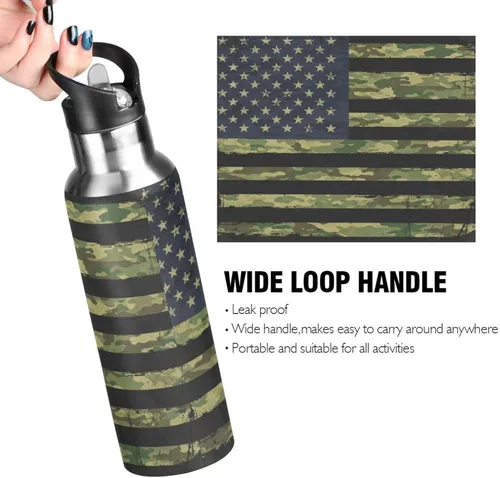 Vista 4 de ALAZA Botella de agua con diseño de bandera estadounidense con diseño de camuflaje grunge con tapa de pajilla, botella térmica de acero inoxidable
