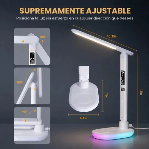 Vista 8 de Lámpara de escritorio LED con cargador inalámbrico, reloj, lámpara de mesa