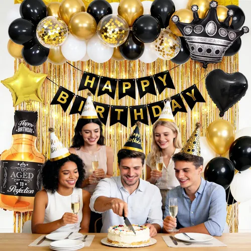 Vista 2 de Decoraciones de cumpleaños negras y doradas con pancarta de feliz cumpleaños, cortinas, botella, corona, globos de estrella de corazón y luz LED