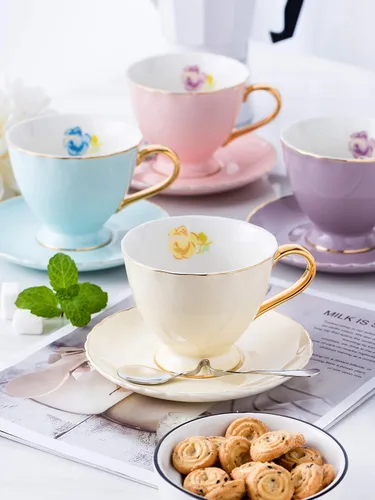Vista 5 de Jusalpha juego de tazas y platillos de café expreso de porcelana, 2 onzas FD-TCS02-4COLOR 7 onzas, tamaño regular de taza de té, juego de taza