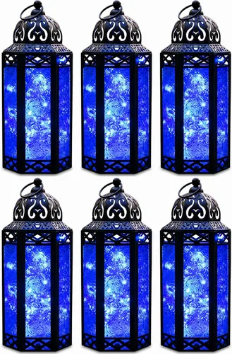 Vista 52 de VELA LANTERNS Juego de 2 portavelas decorativos de LED con luces de hadas de 12" de metal marroquí para colgar o mesa, decoración del hogar