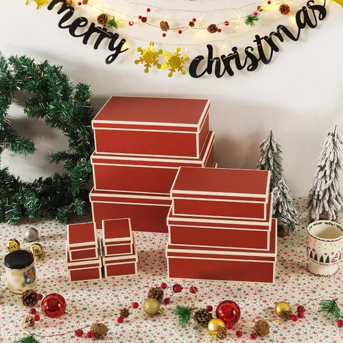 Vista 3 de Soul & Lane Cajas de Navidad con tapas, juego de 10, cajas de regalo rojas festivas para regalos, almacenamiento decorativo de cartón