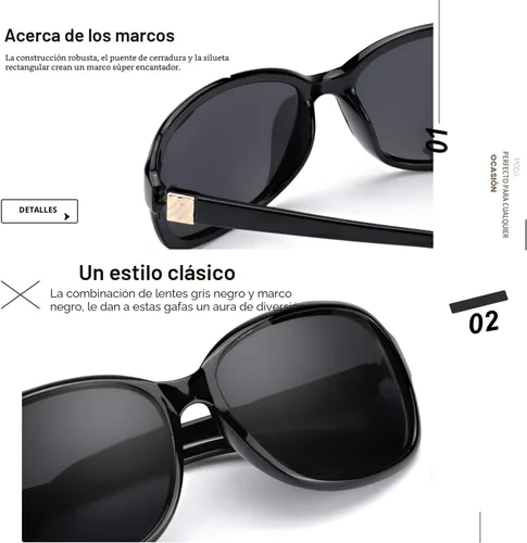 Vista 4 de SIPHEW - Gafas de sol polarizadas para mujer, gafas de sol cuadradas clásicas para mujer con protección UV Gafas de sol polarizadas negras A01