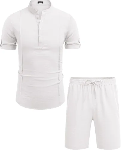 Vista 6 de COOFANDY Conjunto de lino de 2 piezas para hombre, camisa Henley, manga corta y pantalones cortos, trajes a juego para yoga y playa