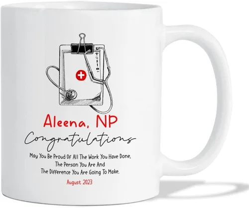 Vista 7 de Taza personalizada para enfermera practicante, 11 oz y 15 onzas, cerámica blanca, mango en C, nombre personalizado, regalo de jubilación NP