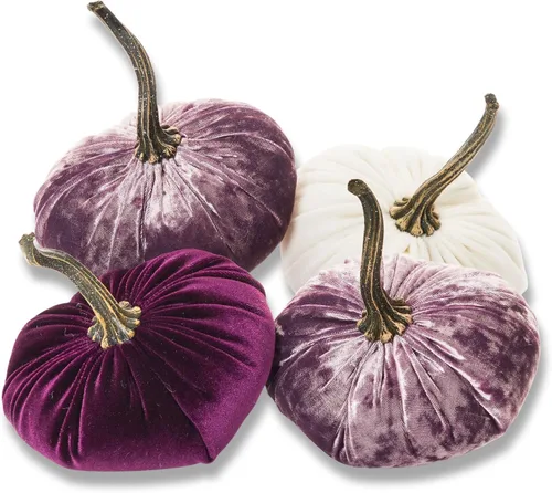 Vista 24 de Juego de 4 pequeñas calabazas de franela de terciopelo y algodón, decoración a cuadros de búfalo blanco y negro, estantes de calabaza negra