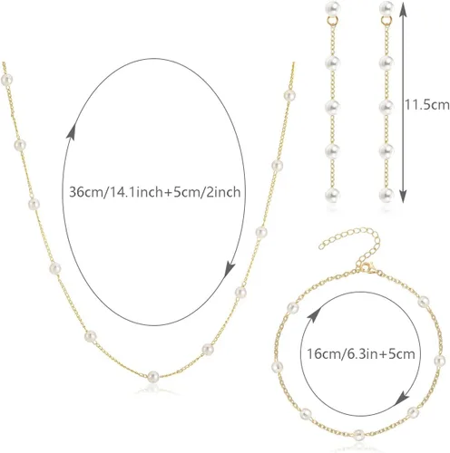 Vista 3 de Delicado conjunto de joyas de perlas para mujer, gargantilla de perlas sintéticas para novia, pulsera de perlas pequeñas, aretes largos de perlas