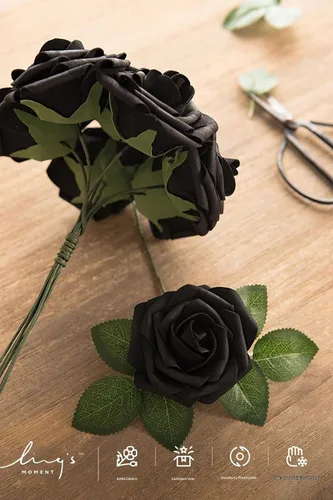 Vista 3 de Ling's Moment - Rosas artificiales de espuma, color negro, de aspecto realista con tallo, para bricolaje, decoración de Halloween, ramos de boda