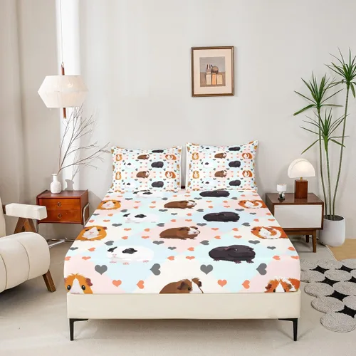Vista 3 de Erosebridal Bonita sábana bajera ajustable de conejillo de indias, tamaño individual, sábanas kawaii con diseño de ratón para niños y niñas, ropa