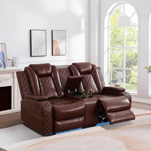 Vista 23 de Juego de sofá modular reclinable eléctrico con luz LED, juego de sofá modular reclinable de cuero, incluye sillón reclinable individual, juego