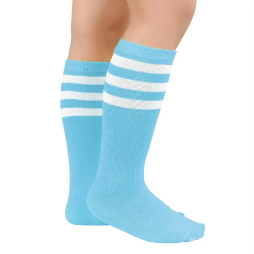 Vista 2 de Zando Calcetines deportivos de algodón con tres rayas para niños y niñas, uniforme de tubo, lindo tubo hasta la rodilla