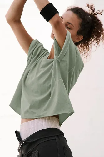 Vista 3 de Camisetas cortas extragrandes de entrenamiento de para mujer, estilo informal, de manga corta, hombros caídos, con dobladillo enrollado, básicas