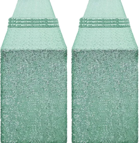 Vista 26 de Camino de mesa de lentejuelas de 72 pulgadas de largo, camino de mesa con purpurina verde para fiestas, bodas, novias, 2 piezas, verde