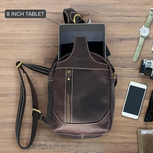 Vista 7 de Bolso bandolera de cuero cruzado Mochila casual Mochila Pecho Hombro Multiusos Diseño atemporal Pequeños Hombres, Marrón oscuro, Bolsos cruzados