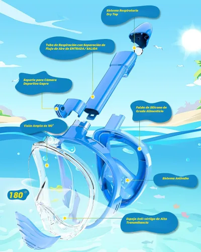 Vista 5 de QingSong Máscara de esnórquel para niños de cara completa, juego de esnórquel con soporte para cámara, plegable, vista panorámica de 180 grados