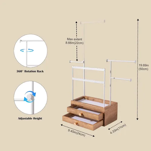 Vista 5 de Organizador de joyas de madera con 2 cajones, regalos para el día de San Valentín para mujeres y niñas, 5 niveles de altura ajustable, organizador