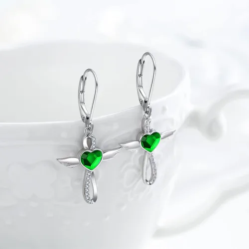 Vista 3 de Midir&Etain Lever Earrings 925 Sterling Silver Birthstone Angel Wings Cross Earrings Crystal Jewelry Birthday Gifts for Women Girls
