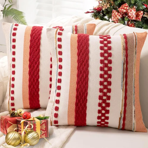 Vista 9 de Fundas de almohada decorativas estilo bohemio de 18x18, juego de 2, para sofá, cama, fundas de cojín cuadradas a rayas para granja, fundas