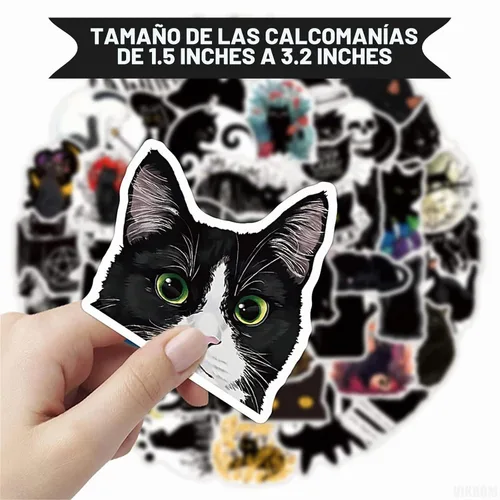 Vista 2 de 100 unidades de calcomanías impermeables para laptop negras, lindas calcomanías de gato en blanco y negro para botellas de agua, paquete