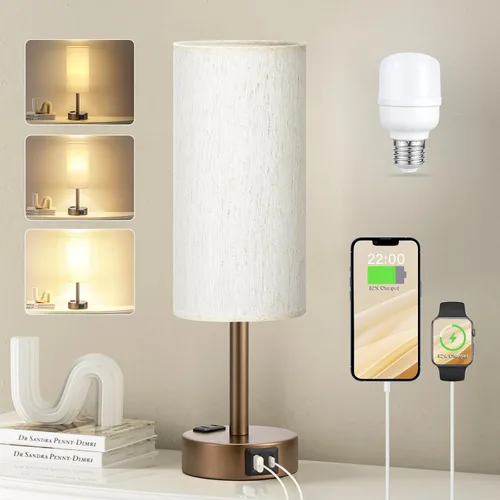 Vista 16 de Fenmzee Juego de lámparas de mesa pequeñas táctiles regulables de 2 a 3 vías, carga USB A + C, salida de CA, base de grano de madera, bombillas
