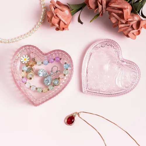 Vista 7 de COWFEX Joyero de cristal en forma de corazón con tapa para niñas y mujeres, organizador de almacenamiento de baratijas, caja decorativa para San