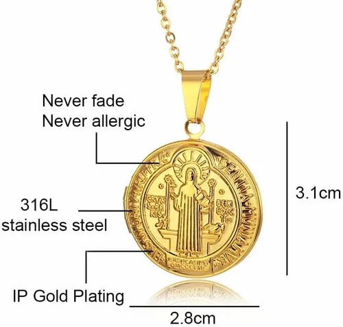 Vista 6 de Medalla de San Benito Medalla de Acero Inoxidable Collar para Mujeres Hombres Metal St Benito Cross Medallet Collares de fotos Gargantilla de San