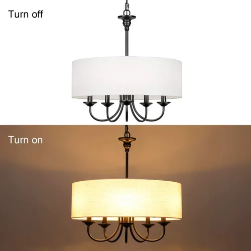 Vista 5 de Candelabro tradicional de 5 luces con pantalla de tambor de lino blanco, lámpara de techo moderna para comedor y sala de estar, dormitorio