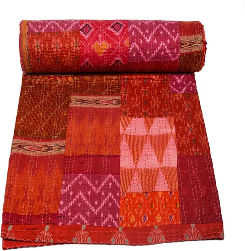 Vista 5 de Marubhumi Colcha india hecha a mano de seda india Sari Kantha acolchado patchwork (negro, individual (60 x 90 pulgadas)