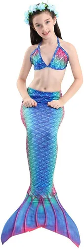 Vista 2 de Rainbow Swimmable Mermaid Tail Bikini Sets Monofin Swimware Girls Kids Cospaly Gift BlueGreen DH59