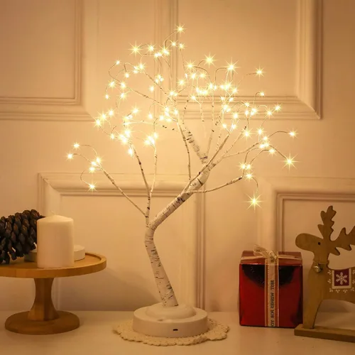 Vista 7 de 108 luces LED de árbol de abedul de 20 pulgadas, lámpara artificial de mesa de árbol de hadas, ocho modos de iluminación, funciona con USB