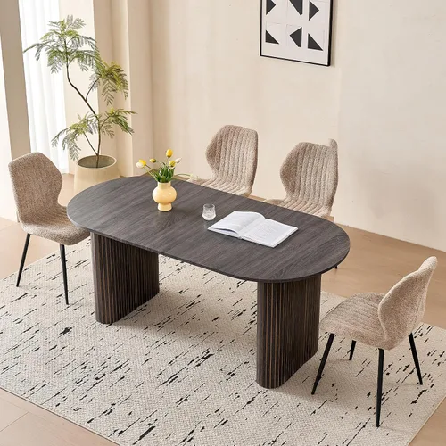 Vista 9 de Juego de 4 mesas de comedor grandes de 63 pulgadas para 4, esquinas redondeadas, mesa de cocina rectangular moderna de madera con sillas Boucle