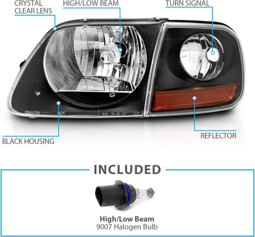 Vista 4 de AmeriLite Faros delanteros de cristal negro con juego de aparcamiento en esquina para Ford F150 F-150 Harley Lighting - Conductor y pasajero