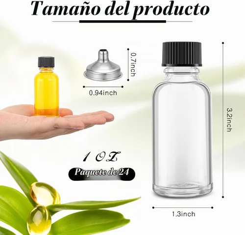 Vista 3 de Hsei Botella de vidrio de 1 oz con tapa negra, botella redonda Boston transparente para muestras, recipientes de vidrio pequeños con tapas y embudo