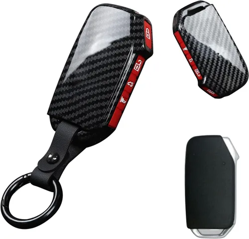 Vista 11 de x xotic tech Funda de llave con patrón de fibra de carbono negro brillante en ABS con cubierta de botón de silicona negra, compatible con KIA K3 4