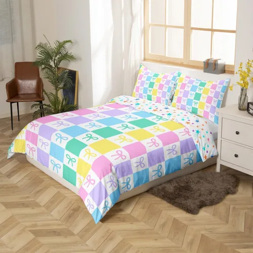 Vista 3 de Juego de funda de edredón de dibujos animados con lazo, tamaño individual, juego de ropa de cama a cuadros geométricos coloridos, decoración