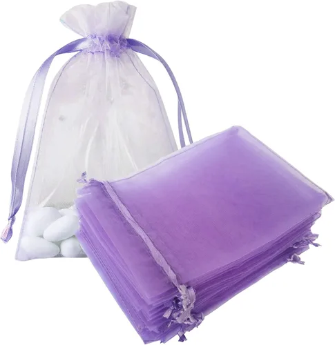 Vista 20 de Bolsas de regalo de organza de 4 x 6 pulgadas con cordón para joyas, dulces, paquetes de 50 bolsas de té de tela transparente azul aguamarina