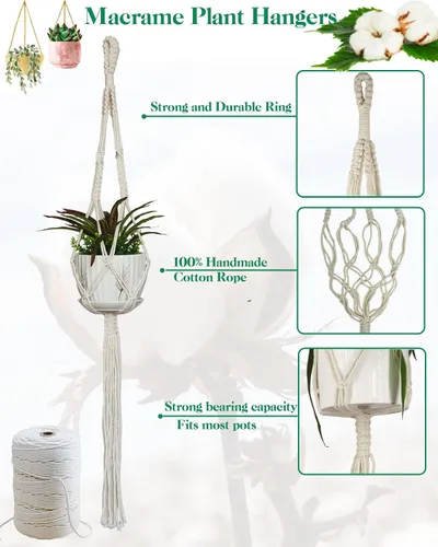 Vista 4 de GROWINGGAIR - Paquete de 5 perchas de macramé para plantas, hechas a mano, de algodón, con 10 ganchos, soporte para macetas, cuentas de madera