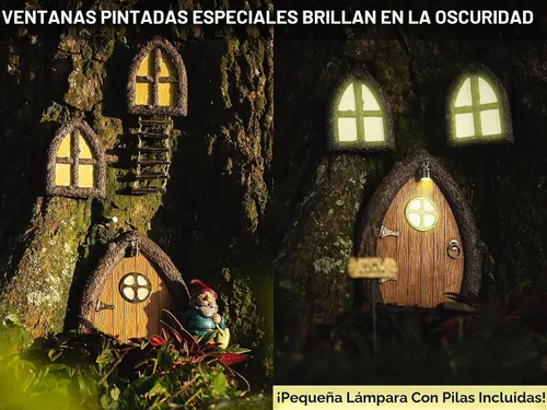 Vista 2 de Puerta de hadas y ventanas para árboles – Escultura de arte de jardín que brilla en la oscuridad para habitación de niños, pared y árboles al aire