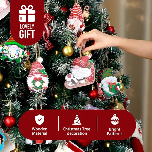 Vista 8 de 24 adornos de madera de gnomo de Navidad para colgar en el árbol de Navidad para suministros de fiesta de Navidad (Xmas-D)