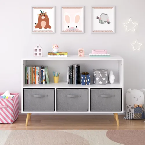 Vista 10 de Estantería infantil con 3 cajones de tela plegables, organizador de almacenamiento de juguetes con múltiples estantes para niñas y niños, habitación