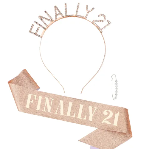 Vista 9 de Semato Kit de diadema de cumpleaños de 21 cumpleaños con banda y diamantes de imitación "FINALLY 21", decoración de cumpleaños de 21 años, regalos