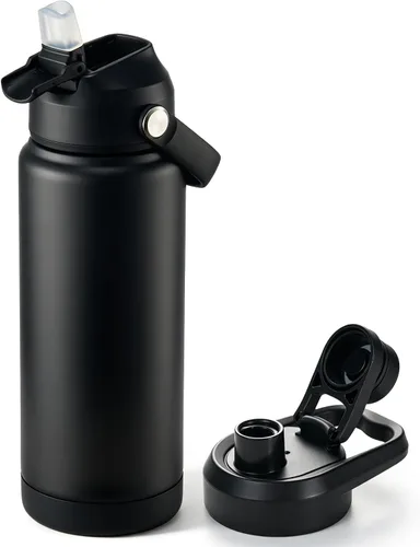 Vista 49 de Fijinhom Botella de agua aislada de 18 onzas con 2 tapas, botellas de agua de acero inoxidable, aspiradora de doble pared, mango portátil y parte