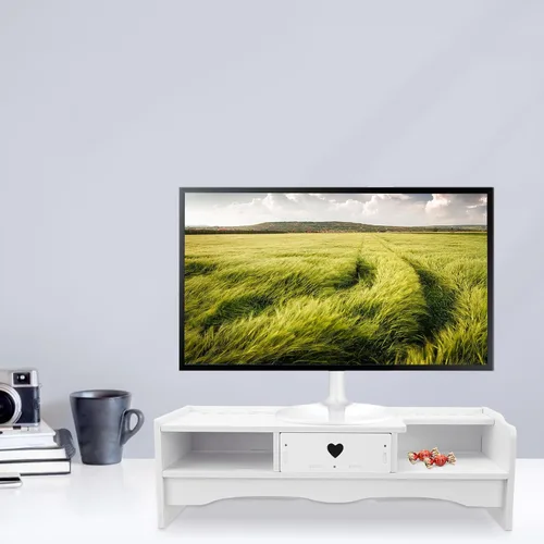 Vista 5 de Elevador de monitor de computadora de estilo con cajón de almacenamiento, soporte elevado compacto para escritorio de oficina, estante de tableta