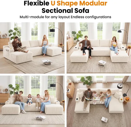 Vista 8 de Sofá cama modular de 124 pulgadas, sofá de nube sin hueso para sala de estar, sofá de 5 asientos en forma de U con 2 bolsillos de almacenamiento y 2
