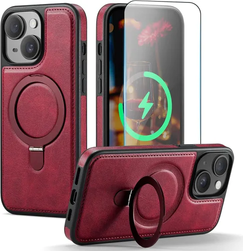 Vista 11 de Funda para iPhone 13 con soporte compatible con Magsafe, color negro Magnetic Kickstand, with Tempered Glass Screen Protector, Durable PU Leather
