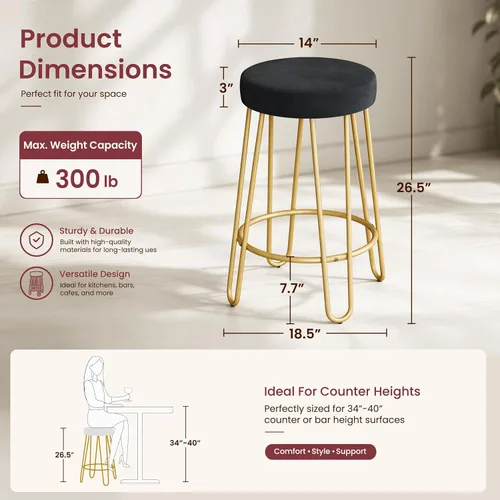Vista 3 de Yaheetech - Juego de 2 taburetes de bar, taburetes de terciopelo con patas de metal dorado, color negro Counter Height Bar Stools with Foam Seats