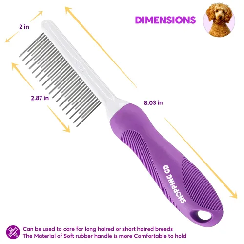 Vista 3 de Peine desenredante para mascotas para perros y gatos con dientes metálicos largos y cortos de acero inoxidable para eliminar enredos y nudos.