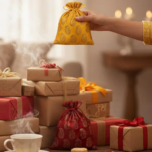 Vista 7 de Touchstone Preciosas bolsas de envoltura de regalos reutilizables, respetuosas con el medio ambiente, grandes con cordón de brocado Paisley